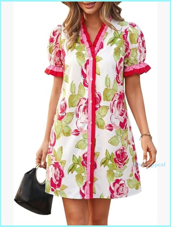 Dresses & Skirts - Floral Mini Dress with Puff Sleeves V-Neck Pockets Summer Casual